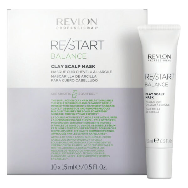 Opakowanie i tubka Revlon RE/START Balance Clay Scalp Mask – maska do skóry głowy