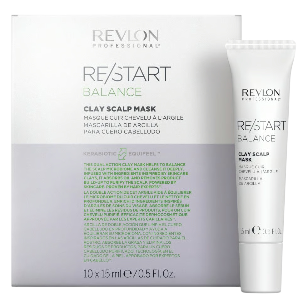 Opakowanie i tubka Revlon RE/START Balance Clay Scalp Mask – maska do skóry głowy